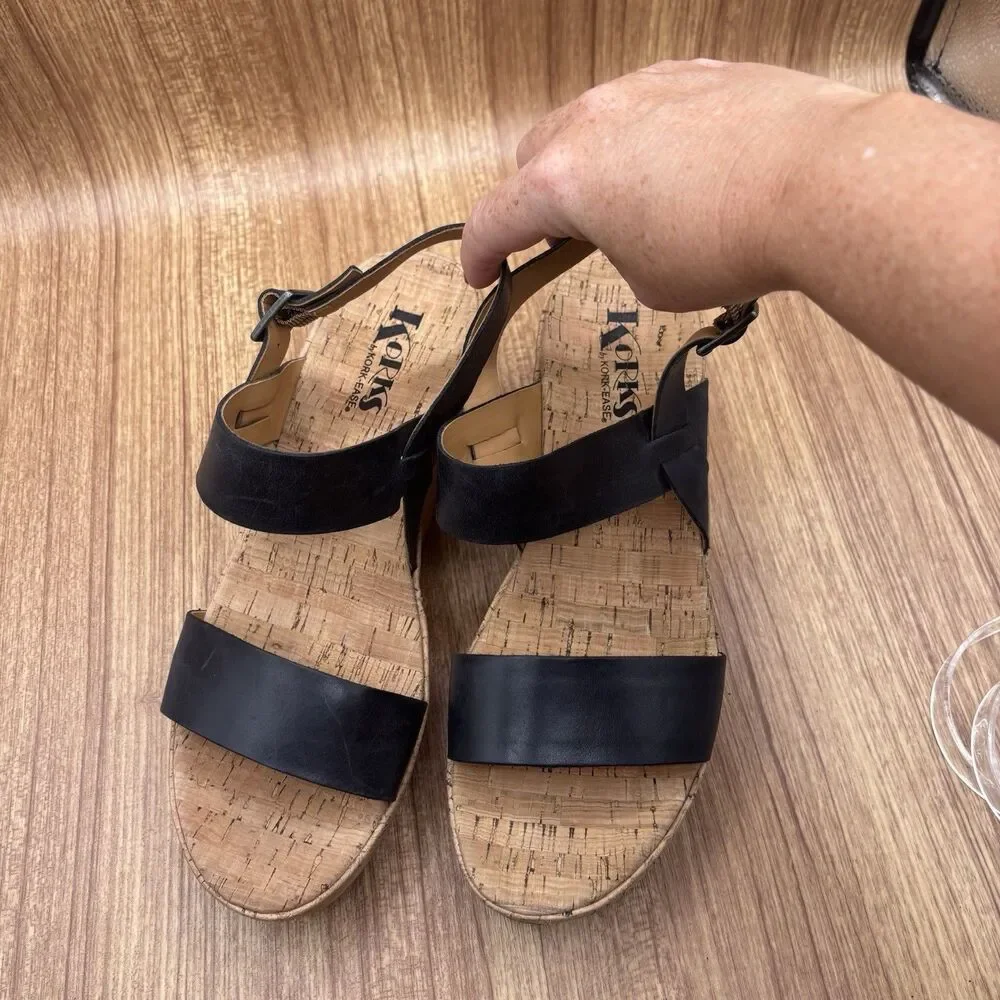KORKS KORK-EASE Austin US 10 Genuine Leather Platform Wedge Sandal Black Comfort